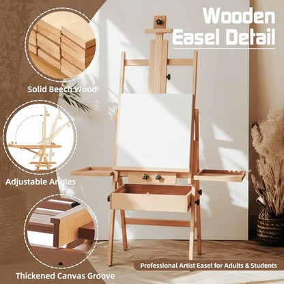 Beech Wood H-Frame Easel for Painting with Tray & Drawer, Natural - color: Natural