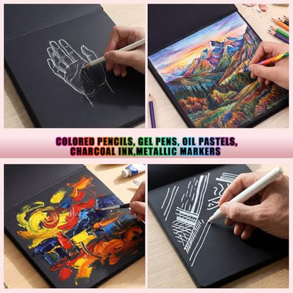 160gsm Black Paper Sketchbook 8 × 8 in, 50 Sheets Black Paper Notebook - size: 8×8 Inch (1 pack)