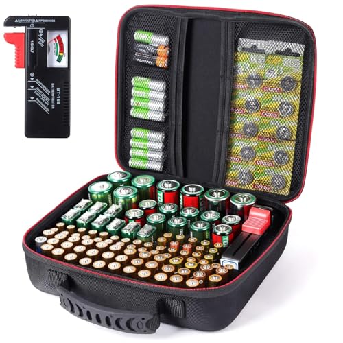 Battery Organizer Storage Case Box with Tester BT168 -for All Types Batteries Container, Fireproof & Waterproof Battery Keeper Caddy for Home Drawer, Small Cases Holder for AA AAA C D 9V (Holds 104＋)