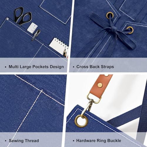 OUNLEN Chef Apron for Men Women Canvas Aprons with 3 Pockets Cross Back Resistant Work Apron for Cooking - color: Dark Blue