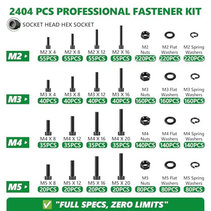 2404PCS Screw Assortment Kit, M2-M5 12.9 Alloy Steel Hex Socket Cap Bolts - size: M2 M3 M4 M5 2404pcs 3