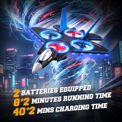 BEZGAR RC Fighter Jet Toy, RC Plane with LED Lights & 360° Flip, Blue - color: Blue