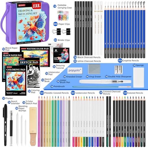 133 Pack Drawing Set Sketching Kit, Pro Art Supplies Sketch Pencils Set - color: Purple, size: 133 Pack