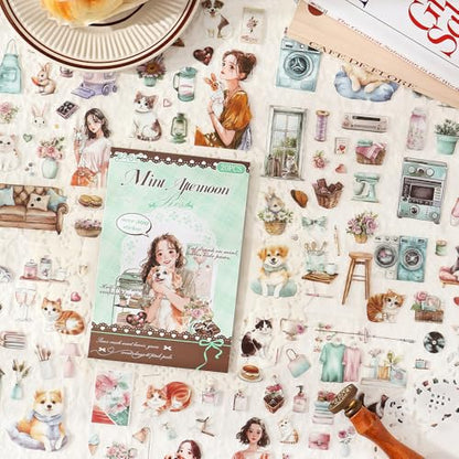 Coffee Time PET Sticker Book, 20 Sheets Die Cut Stickers - color: Peppermint Nap