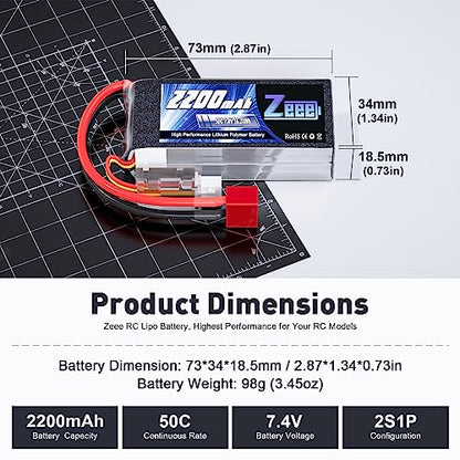 Zeee 2S 2200mAh Shorty Lipo Battery 7.4V 50C with T Connector (2 Pack)