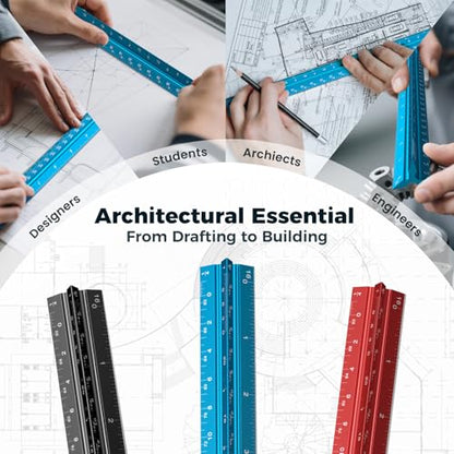 Rena Chris 2PCS Architectural Scale Ruler: 12" Imperial Aluminum Alloy Metal Architecture Measuring Tools, Engineering Drafting Construction Drawing Blueprints Triangular Architect Scaling Rulers - color: Blue+Black