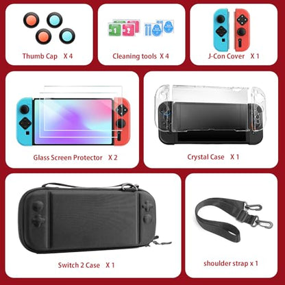 AodoT 14 in 1 Switch 2 Accessories Bundle - Crossbody Carrying Case Kit with TPU/Silicone Protectors, Screen Guards & 4 Thumb Grips - Black