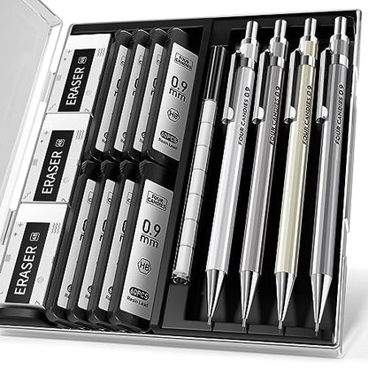 Mechanical Pencil Set, 0.9mm 4-Pack with Case, Metal Body, Break-Resistant - style: 0.9MM