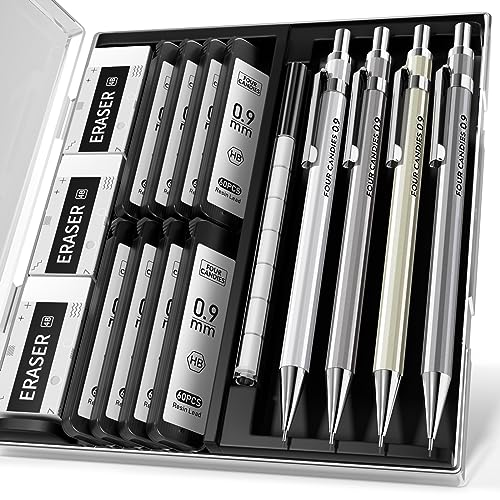 Mechanical Pencil Set, 0.9mm 4-Pack with Case, Metal Body, Break-Resistant - style: 0.9MM