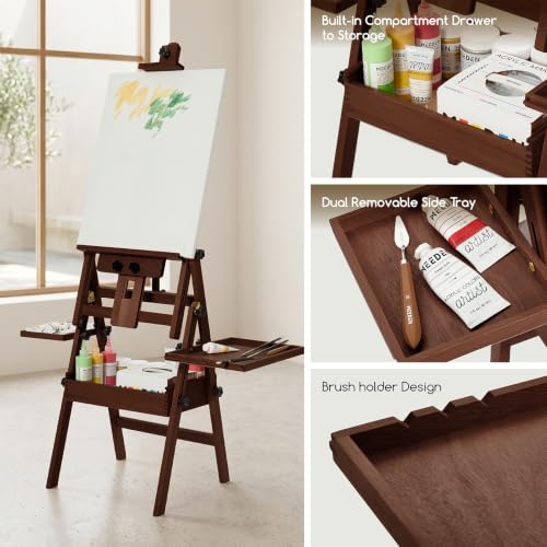 MEEDEN Painting Easel with Storage and Tray: H-Frame Beech Wood Art Easel - color: Deep Walnut