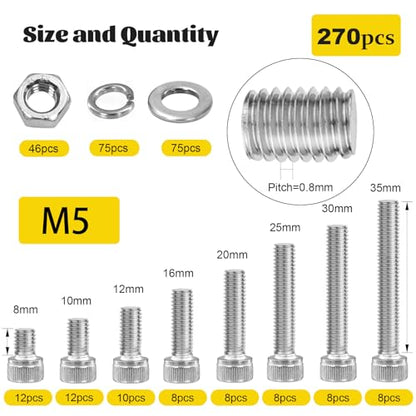 270PCS M5 Socket Screws Assortment Kit, M5x6/8/10/12/16/20/25/30 mm - size: SS M5 270pcs