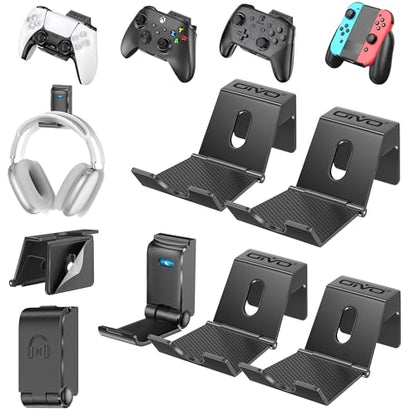 OIVO Controller & Headset Wall Mount Holder Stand, Foldable Headphone Stand, Gaming Controller Holder Hanger Hook, Universal Storage Organizer Controller/Earphone/Game Accessories-5 Packs - color: 4 X Controllers Holder & 1 X Headset Holder