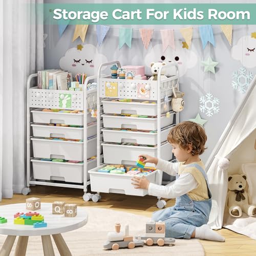 5 Drawer Rolling Storage Cart with Pegboard Top and Hooks, White - color: White, size: 5-Drawers