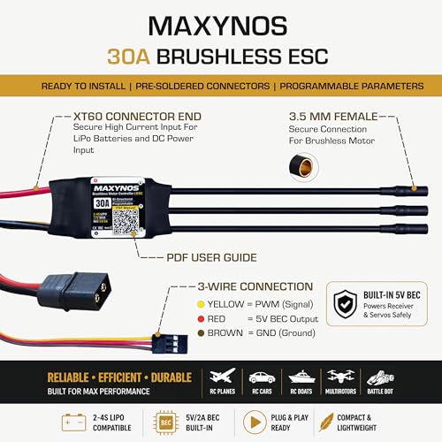 Bidirectional 30A Electronic Speed Controller, 2-4S Lipo ESC with XT60 Connector, 7.4-17V, for RC Vehicles, Drones, Robotics, & Underwater Thrusters - size: 30A