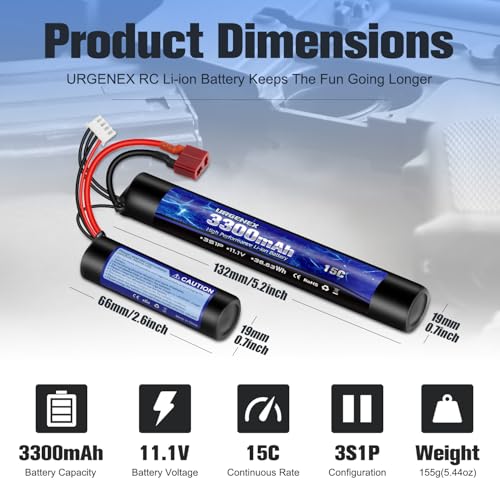 Airsoft Battery 3300mAh High Capacity 11.1V Nunchuck RC Battery with Dean-Style T Plug & Mini Tamiya Cable 3S Butterfly Stick Airsoft Li-Ion Fit for aeG AK47 M4 MP5 and Most Airsoft Gun Rifle