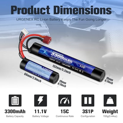 Airsoft Battery 3300mAh High Capacity 11.1V Nunchuck RC Battery with Dean-Style T Plug & Mini Tamiya Cable 3S Butterfly Stick Airsoft Li-Ion Fit for aeG AK47 M4 MP5 and Most Airsoft Gun Rifle