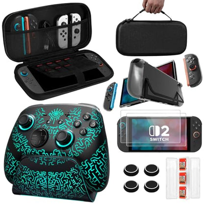 FUNLAB Pro Controller Accessories Bundle for Switch 2, Controller with Charging Dock, Carrying Case, Screen Protectors, Dockable Console Protective Cover Shell, Thumb Grips for Joysticks