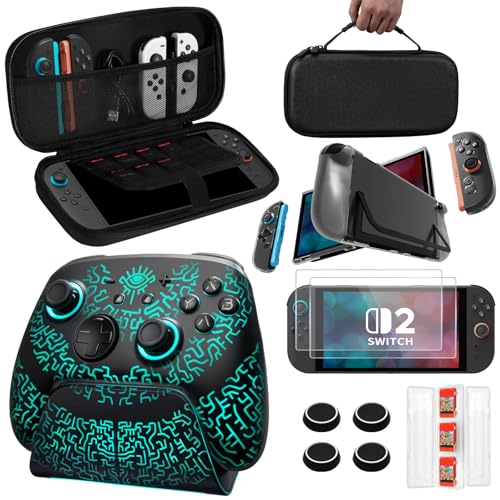 FUNLAB Pro Controller Accessories Bundle for Switch 2, Controller with Charging Dock, Carrying Case, Screen Protectors, Dockable Console Protective Cover Shell, Thumb Grips for Joysticks