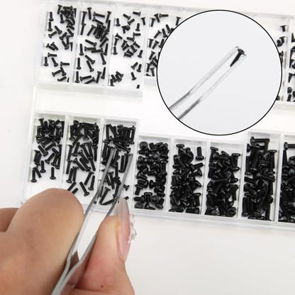 500 Pcs Micro Glasses Screws Repair Kit, M1.2 M1.4 M2 with Tweezers, Black