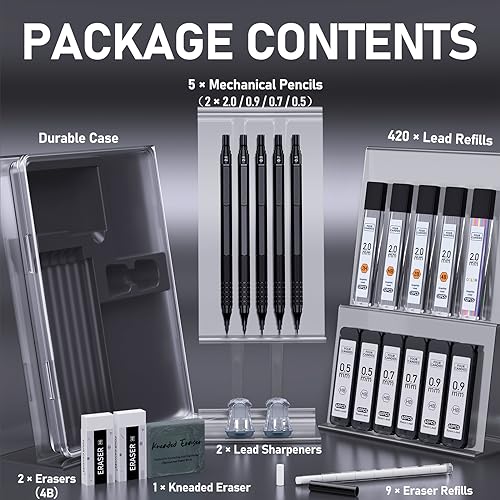 Four Candies Mechanical Pencil Set with Cute Pencil Case + Mechanical Pencil Set Black