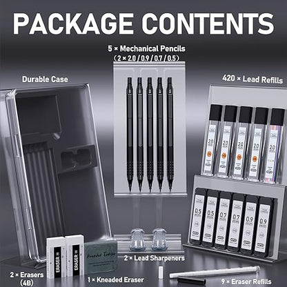 Four Candies Mechanical Pencil Set with Cute Pencil Case + Mechanical Pencil Set Black