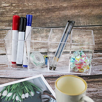 QPEY Acrylic Pen Holder 4 Compartments,Clear Pen Holder Makeup Brush Holder