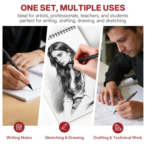 WUO 0.9mm Mechanical Pencil Set, 3 Pack Black Metal Drafting Pencils - color: Black, size: 0.9