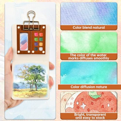 Mini Watercolor Travel Set (9-Piece), 8-Grid Walnut Palette with 12 Watercolor Paints, Mini Sketchbook, 6 Brush Pens and Metal Clip, Pocket Painting Kit for Outdoor Sketching and Travel