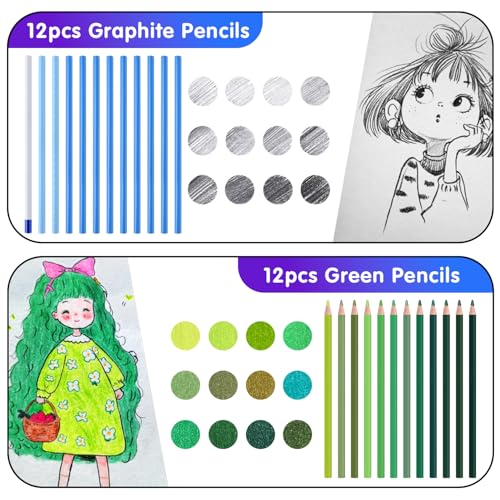 Professional Drawing Set,12 Colored Pencils,12 Graphite Pencils,Eraser,Case - color: Set-Green