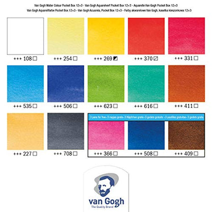 Van Gogh Watercolor Paint Set, Plastic Pocketbox, 12-Half Pan + 3-Half Pan Bonus General Selection - color: 12+3 General (Plastic Pocketbox), style: Modern