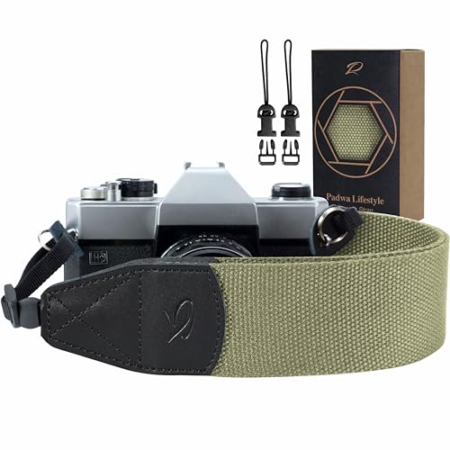 Padwa Lifestyle Light Green Camera Strap - 2" Wide Cotton Woven Genuine Leather Head Camera Straps,Complimentary 2 Pcs Quick Release Clips for All DSLR/SLR Cameras, Binoculars and Drone Remote Control - color: Z# - Light Green