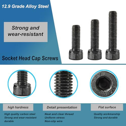 M4 x 8mm 10mm 12mm 16mm 20mm Hex Socket Head Cap Screws Bolts, 12.9 Grade Alloy Steel, Black Oxide Finish, Metric Allen Drive, Fully Threaded, Assortment Kit 100Pcs - size: Socket M4x8-20 mm