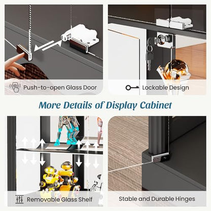 Dystler Display Cabinet with Glass Doors, RGB Lights for Collectibles - color: Black