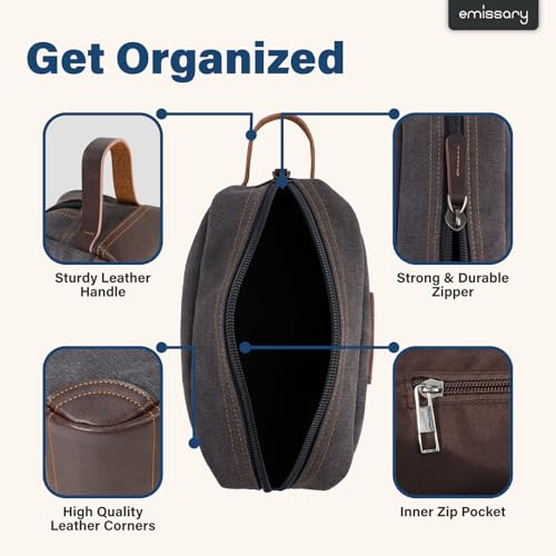 emissary Men's Canvas Travel Toiletry Bag, Leather Dopp Kit - Gray - color: Gray