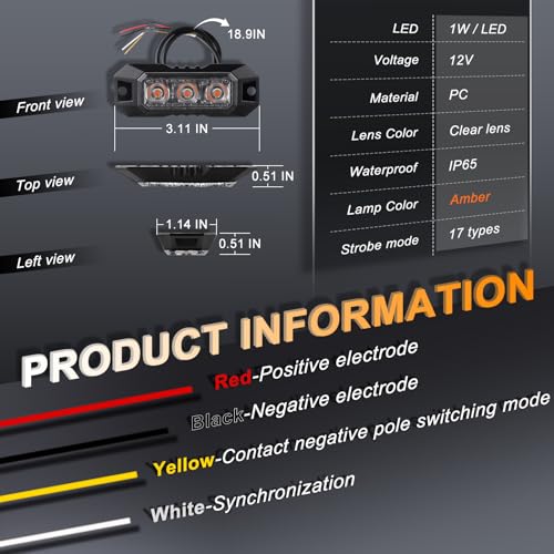 1PCS 3 LED Amber Strobe Lights for Trucks Vehicles Cars - color: Yellow, size: 3LED-1PCS