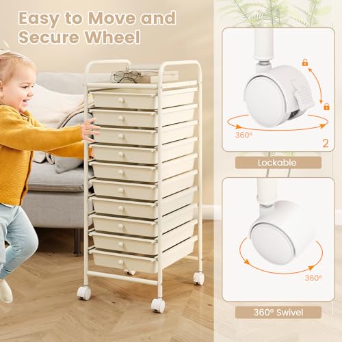 RELAX4LIFE 10 Drawer Rolling Cart - Slim Storage Cart w/Lockable Wheels - color: White, size: 34''H