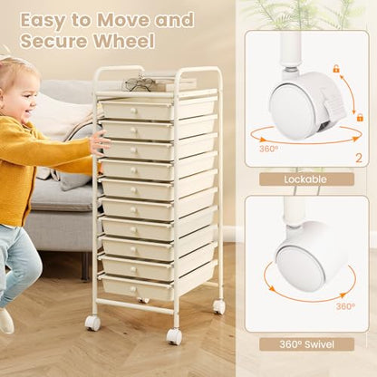 RELAX4LIFE 10 Drawer Rolling Cart - Slim Storage Cart w/Lockable Wheels - color: White, size: 34''H