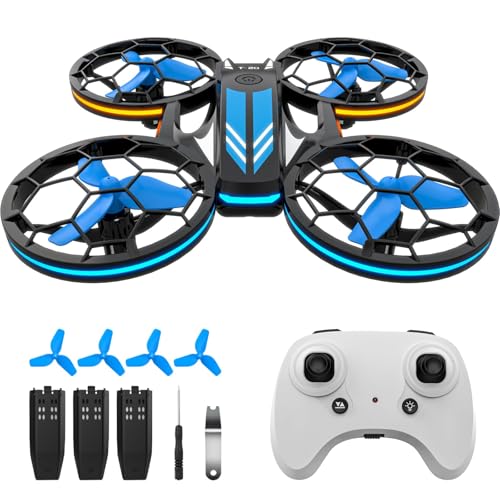Drones - RC Drone with Auto Hovering and Headless Mode, Quadcopter with LED Light, Propeller Full Protect, 3D Flips, 3 Batteries, Remote Control, Best Gifts
