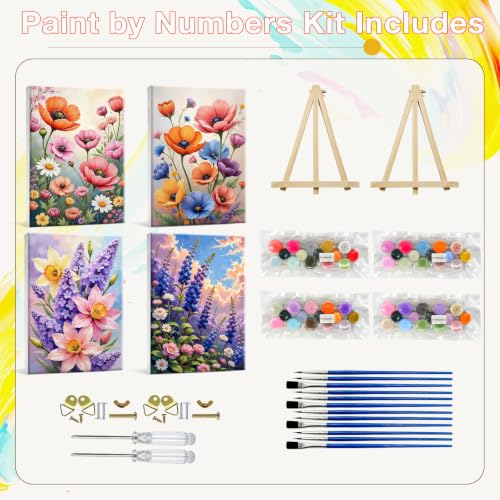 HeeBenor 4 Pack Flowers Paint by Numbers Kit for Adults Framed Canvas - color: Flowers 038