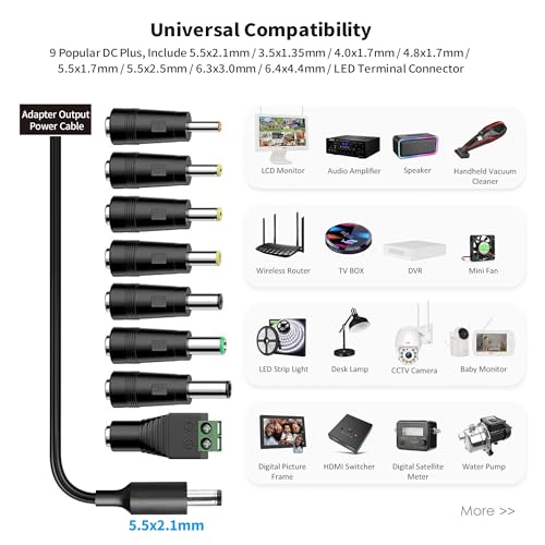 Tonton 12V 2A 6Ft Power Supply Adapter, 24W Universal Charger AC 100-240V with 8Tips to 12Volt DC Plug 2A 1.8A 1.5A 1.2A 1A 0.5A UL/CE/FCC Certified for LED, Router, Security Camera, Keyboard, Scanner - color: 12V 2A+8Tips