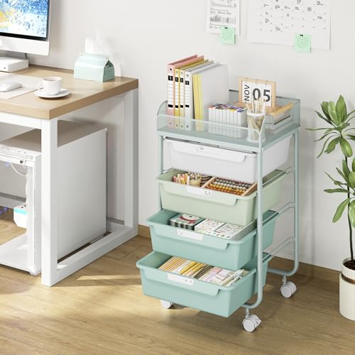 SYKIARIOL 4-Drawer Rolling Storage Cart with Mesh Top,Green - color: Gradient Green