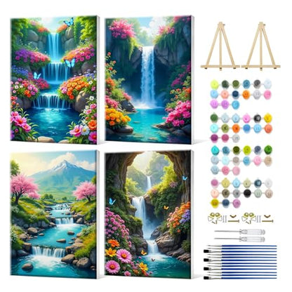 JOOZ 4 Pack Paint by Numbers Kit for Adults Framed, Waterfall, 8x12 Inch - color: Waterfall Landscape 030