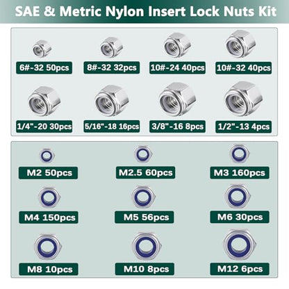 SAE & Metric Nylon Insert Lock Nuts Kit (750Pcs), Lock Nuts Assortment Kit - color: SAE & Metric 750PCS