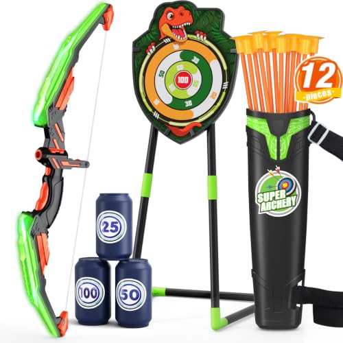 HYES Bow and Arrow for Kids, LED Light Up Archery Set, Green - size: 1 pack-green standing target
