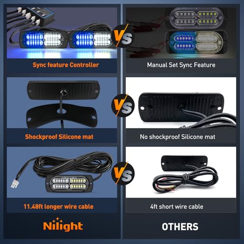 Nilight 4PCS LED Strobe Lights 12V 24V Sync Feature Blue White - color: Blue White w/Controller