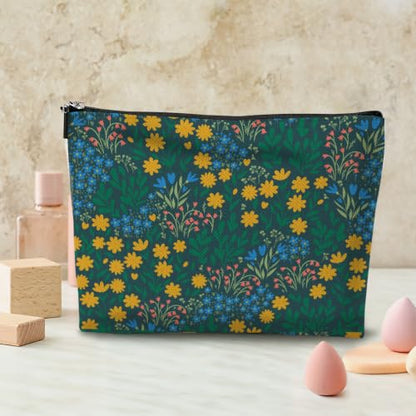 Boho Makeup Bag, Yellow Blue Wildflower Cosmetic Bag Makeup Organizer Pouch - color: Wildflower02