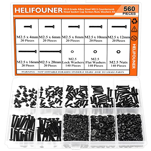 HELIFOUNER 560 Pieces M2.5 x 4mm /6mm /8mm /10mm /12mm /16mm /20mm, Countersunk Head Socket Cap Screws Bolts Washers Nuts Kit, 10.9 Grade Alloy Steel, Full Threaded, Black - size: M2.5, style: Countersunk Head