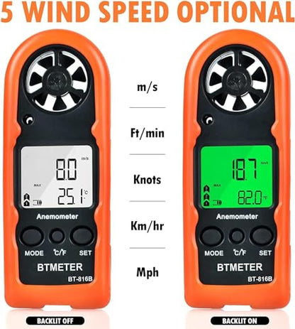 BTMETER Anemometer Handheld Wind Speed Meter BT-816B (Range: 0.2–67 MPH) - color: Orange