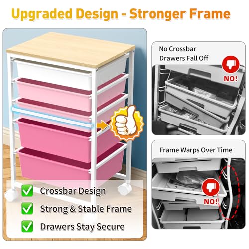SUNALLY Rolling Carts with 5 Drawers, Storage Drawer Carts for Craft, Pink - color: Pink