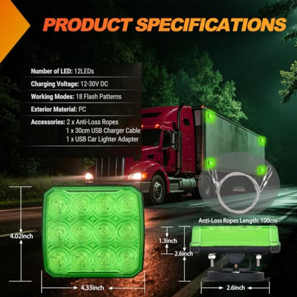 Nilight Magnetic Strobe Lights 2PCS Green 12 LED Rechargeable Warning - color: 12LED 18Modes Green